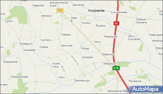 mapa Rybie gmina Krzyżanów, Rybie gmina Krzyżanów na mapie Targeo