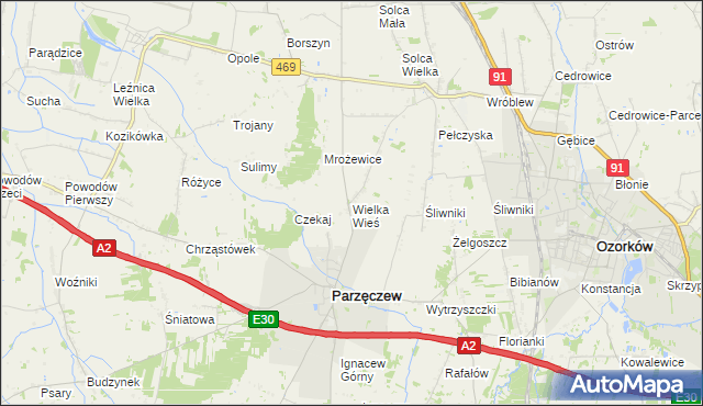 mapa Wielka Wieś gmina Parzęczew, Wielka Wieś gmina Parzęczew na mapie Targeo