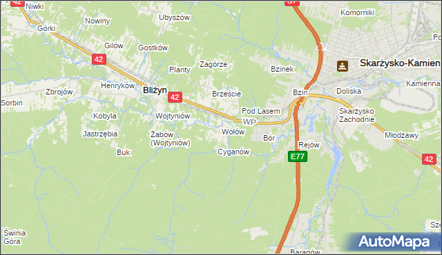 mapa Wołów gmina Bliżyn, Wołów gmina Bliżyn na mapie Targeo