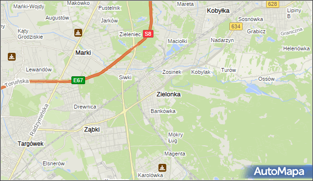 mapa Zielonka powiat wołomiński, Zielonka powiat wołomiński na mapie Targeo