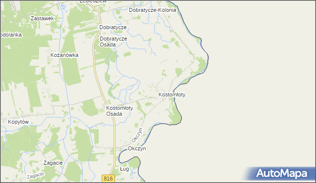 mapa Kostomłoty gmina Kodeń, Kostomłoty gmina Kodeń na mapie Targeo