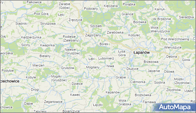 mapa Lubomierz gmina Łapanów, Lubomierz gmina Łapanów na mapie Targeo