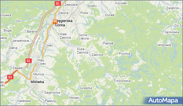 mapa Żabnica gmina Węgierska Górka, Żabnica gmina Węgierska Górka na mapie Targeo