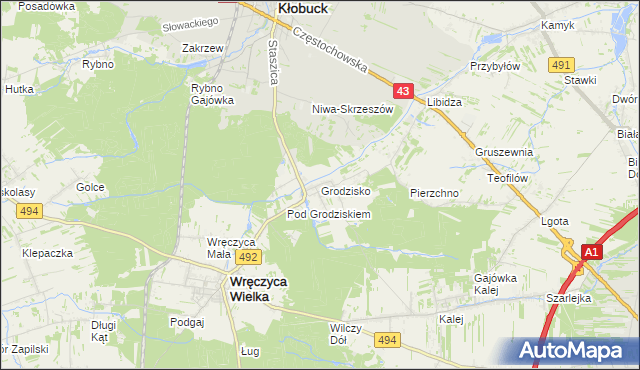 mapa Grodzisko gmina Wręczyca Wielka, Grodzisko gmina Wręczyca Wielka na mapie Targeo