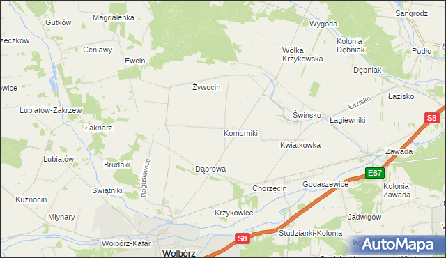 mapa Komorniki gmina Wolbórz, Komorniki gmina Wolbórz na mapie Targeo