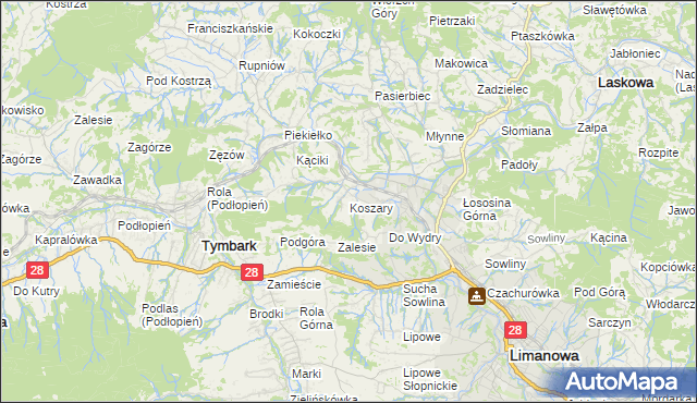 mapa Koszary gmina Limanowa, Koszary gmina Limanowa na mapie Targeo