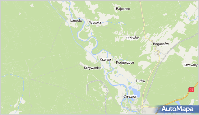 mapa Krzywa gmina Nowogród Bobrzański, Krzywa gmina Nowogród Bobrzański na mapie Targeo