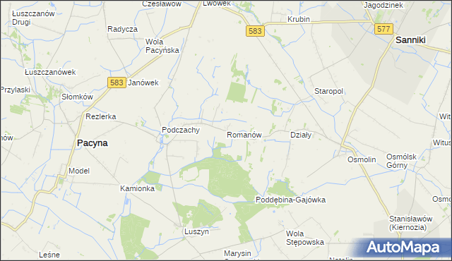 mapa Romanów gmina Pacyna, Romanów gmina Pacyna na mapie Targeo