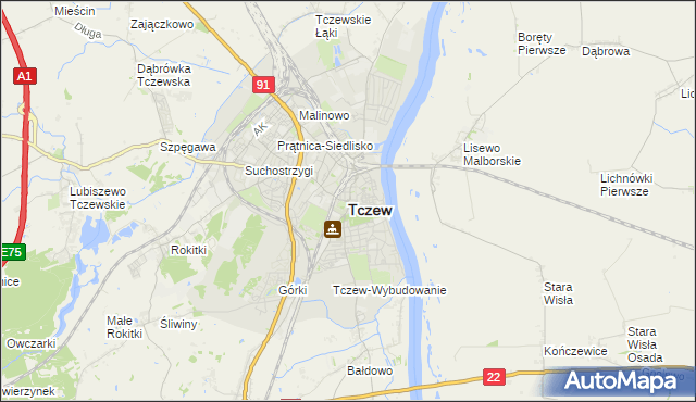 mapa Tczew, Tczew na mapie Targeo