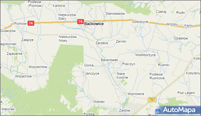mapa Baranówek gmina Baćkowice, Baranówek gmina Baćkowice na mapie Targeo