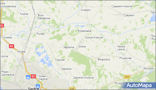 mapa Golice gmina Siedlce, Golice gmina Siedlce na mapie Targeo