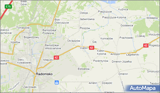 mapa Kietlin gmina Radomsko, Kietlin gmina Radomsko na mapie Targeo