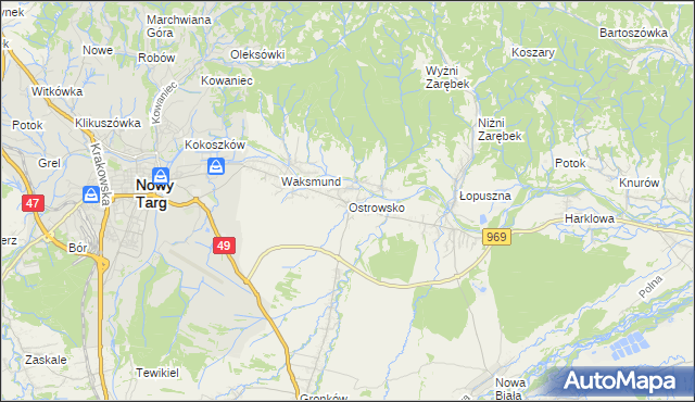 mapa Ostrowsko gmina Nowy Targ, Ostrowsko gmina Nowy Targ na mapie Targeo