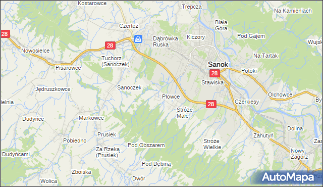 mapa Płowce gmina Sanok, Płowce gmina Sanok na mapie Targeo