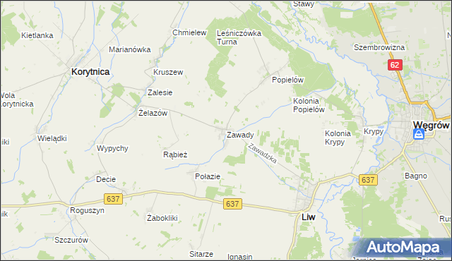 mapa Zawady gmina Liw, Zawady gmina Liw na mapie Targeo