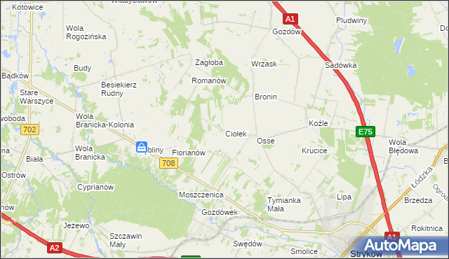 mapa Ciołek gmina Stryków, Ciołek gmina Stryków na mapie Targeo