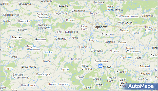 mapa Grabie gmina Łapanów, Grabie gmina Łapanów na mapie Targeo