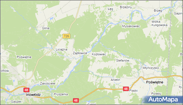 mapa Kozłowiec gmina Poświętne, Kozłowiec gmina Poświętne na mapie Targeo
