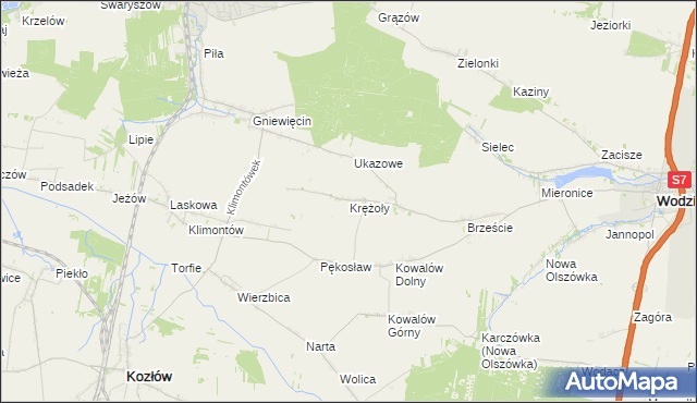 mapa Krężoły gmina Wodzisław, Krężoły gmina Wodzisław na mapie Targeo