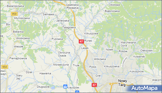 mapa Lasek gmina Nowy Targ, Lasek gmina Nowy Targ na mapie Targeo