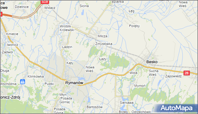 mapa Łazy gmina Rymanów, Łazy gmina Rymanów na mapie Targeo