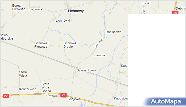 mapa Starynia gmina Lichnowy, Starynia gmina Lichnowy na mapie Targeo