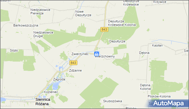 mapa Wierzchowiny gmina Siennica Różana, Wierzchowiny gmina Siennica Różana na mapie Targeo