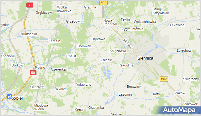 mapa Zalesie gmina Siennica, Zalesie gmina Siennica na mapie Targeo