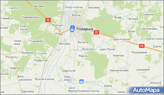mapa Byczyna gmina Poddębice, Byczyna gmina Poddębice na mapie Targeo