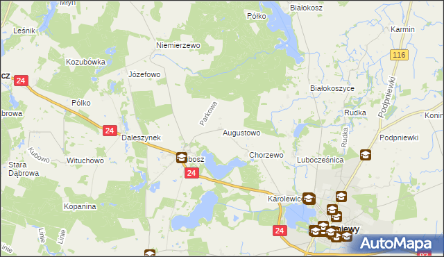 mapa Augustowo gmina Kwilcz, Augustowo gmina Kwilcz na mapie Targeo