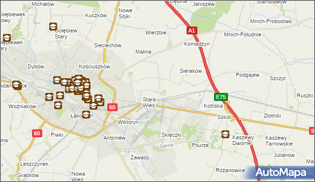 mapa Bielawki gmina Kutno, Bielawki gmina Kutno na mapie Targeo