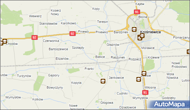 mapa Bielice gmina Krośniewice, Bielice gmina Krośniewice na mapie Targeo