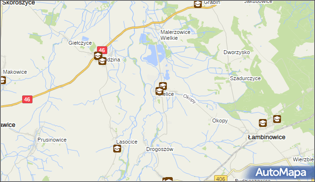 mapa Bielice gmina Łambinowice, Bielice gmina Łambinowice na mapie Targeo