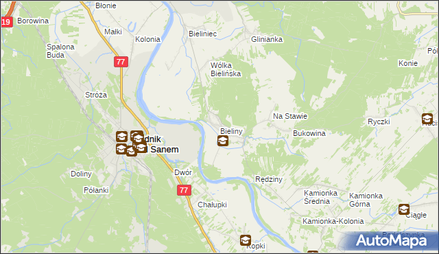 mapa Bieliny gmina Ulanów, Bieliny gmina Ulanów na mapie Targeo