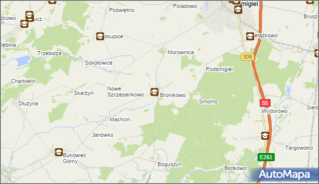 mapa Bronikowo gmina Śmigiel, Bronikowo gmina Śmigiel na mapie Targeo