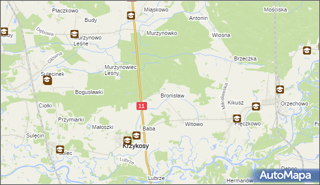 mapa Bronisław gmina Krzykosy, Bronisław gmina Krzykosy na mapie Targeo