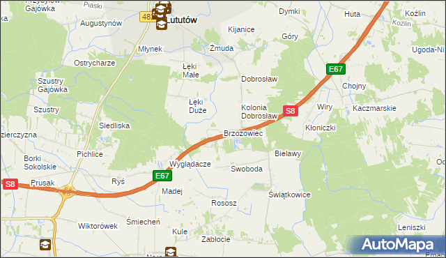 mapa Brzozowiec gmina Lututów, Brzozowiec gmina Lututów na mapie Targeo