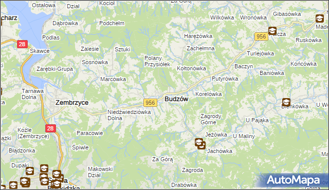 mapa Budzów powiat suski, Budzów powiat suski na mapie Targeo