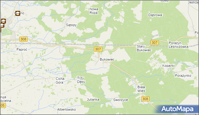 mapa Bukowiec gmina Nowy Tomyśl, Bukowiec gmina Nowy Tomyśl na mapie Targeo