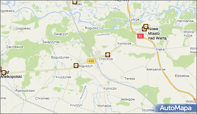 mapa Chocicza gmina Nowe Miasto nad Wartą, Chocicza gmina Nowe Miasto nad Wartą na mapie Targeo