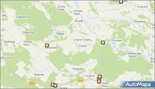 mapa Chojniki gmina Olszewo-Borki, Chojniki gmina Olszewo-Borki na mapie Targeo