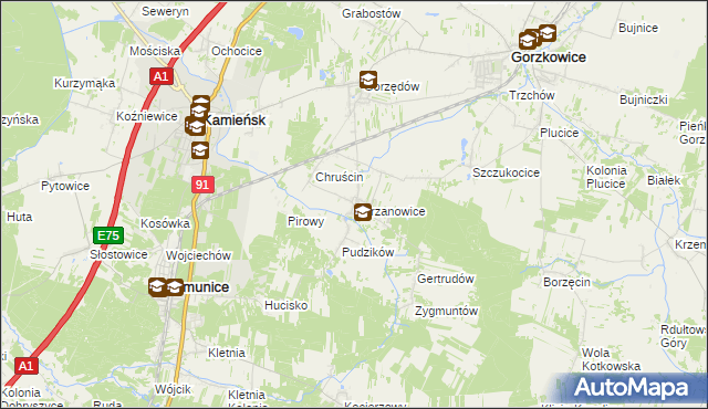 mapa Chrzanowice gmina Gomunice, Chrzanowice gmina Gomunice na mapie Targeo