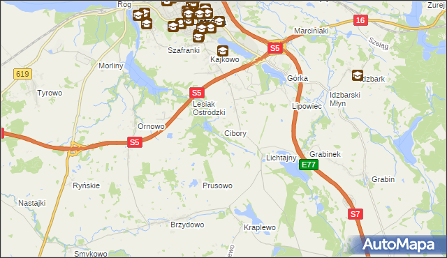 mapa Cibory gmina Ostróda, Cibory gmina Ostróda na mapie Targeo