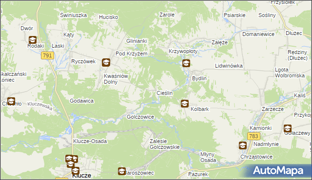 mapa Cieślin gmina Klucze, Cieślin gmina Klucze na mapie Targeo