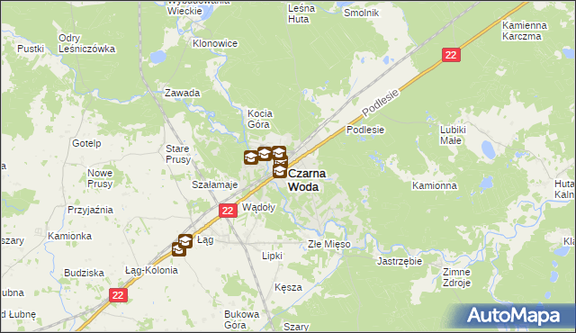 mapa Czarna Woda powiat starogardzki, Czarna Woda powiat starogardzki na mapie Targeo