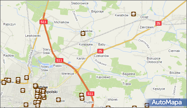 mapa Czekanów gmina Ostrów Wielkopolski, Czekanów gmina Ostrów Wielkopolski na mapie Targeo