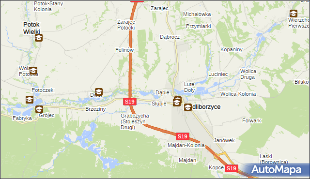 mapa Dąbie gmina Modliborzyce, Dąbie gmina Modliborzyce na mapie Targeo