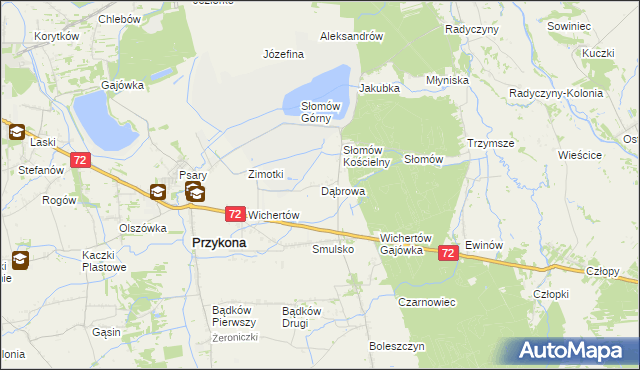 mapa Dąbrowa gmina Przykona, Dąbrowa gmina Przykona na mapie Targeo
