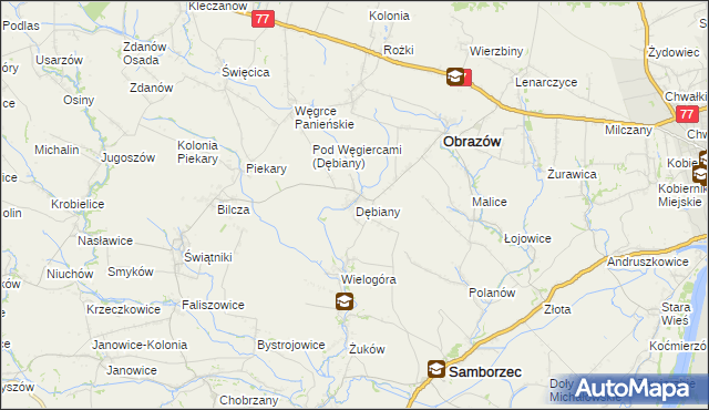 mapa Dębiany gmina Obrazów, Dębiany gmina Obrazów na mapie Targeo