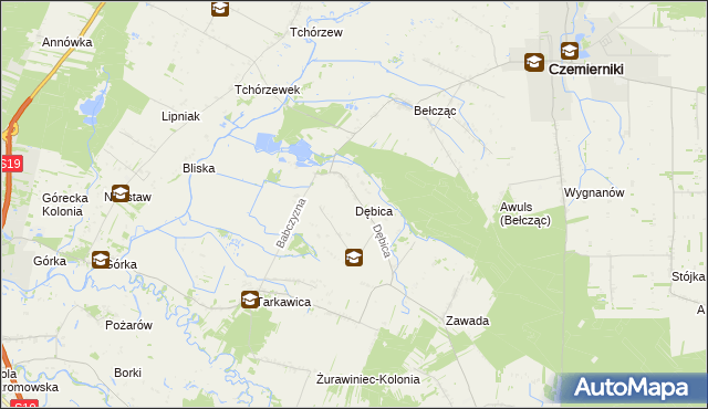 mapa Dębica gmina Ostrówek, Dębica gmina Ostrówek na mapie Targeo